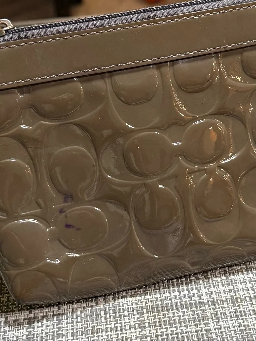 Coach Patent Signature Embossed Wristlet in Grey With Silver Hardware. Wallet